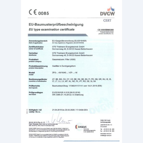 EU/2016/426 (GAR) für Zellengasfilter zertifiziert